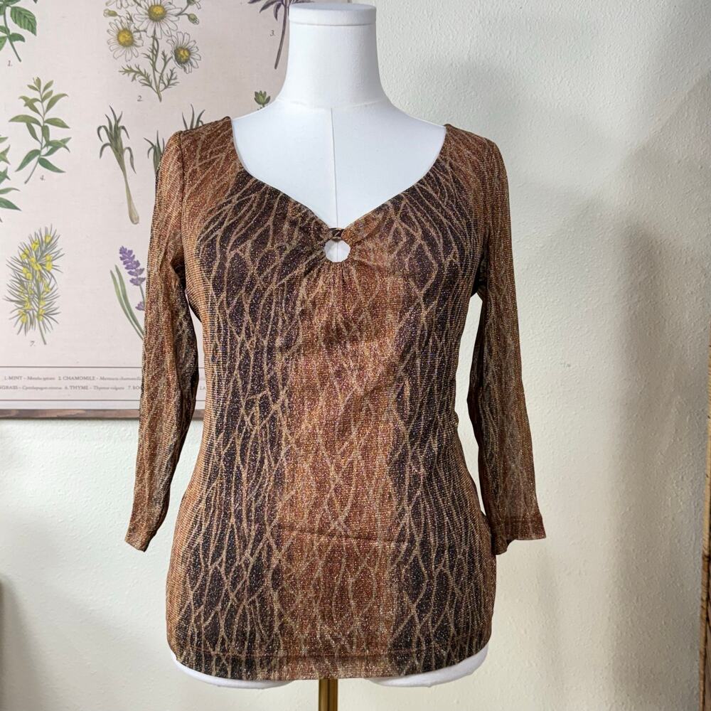 90s Y2k Metallic Mesh Keyhole Sheer 3/4 Sleeve Top Fairy Grunge Whimsigoth M L